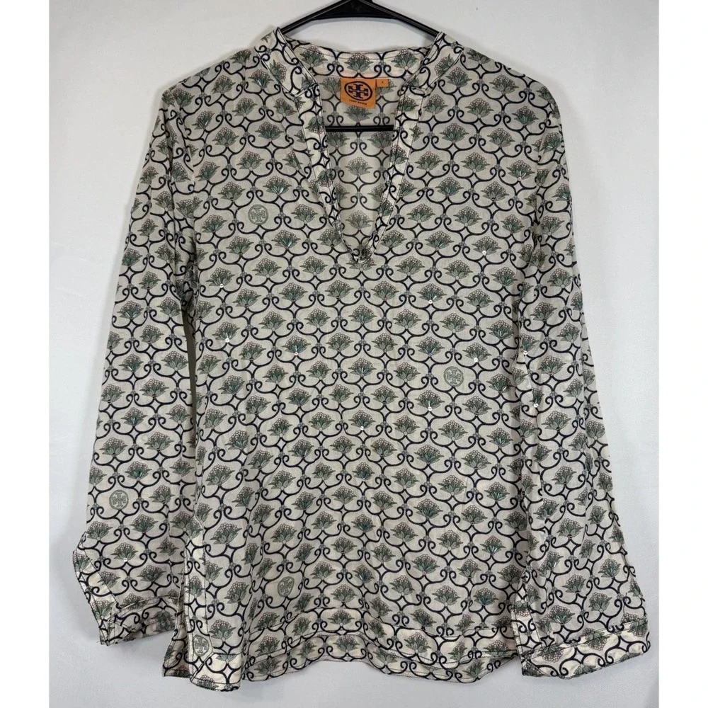 Tory Burch 4 V Neck Tunic Floral Embellished Long Sleeve Poplin Blouse Sequins